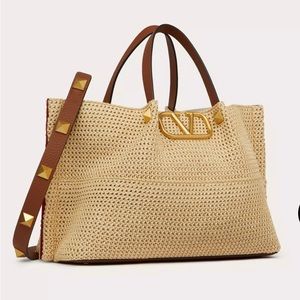 Valentino Medium V logo leather and raffia Tote